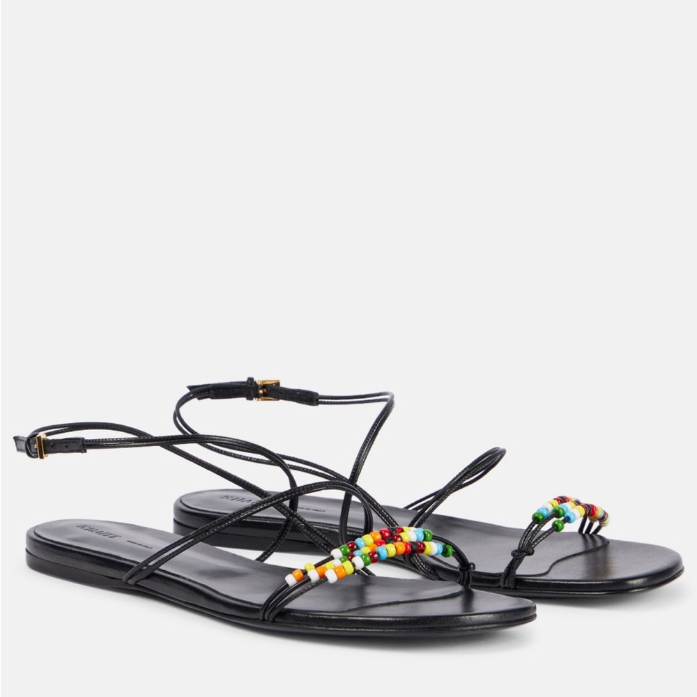 KHAITE loop beaded leather flat sandal black
